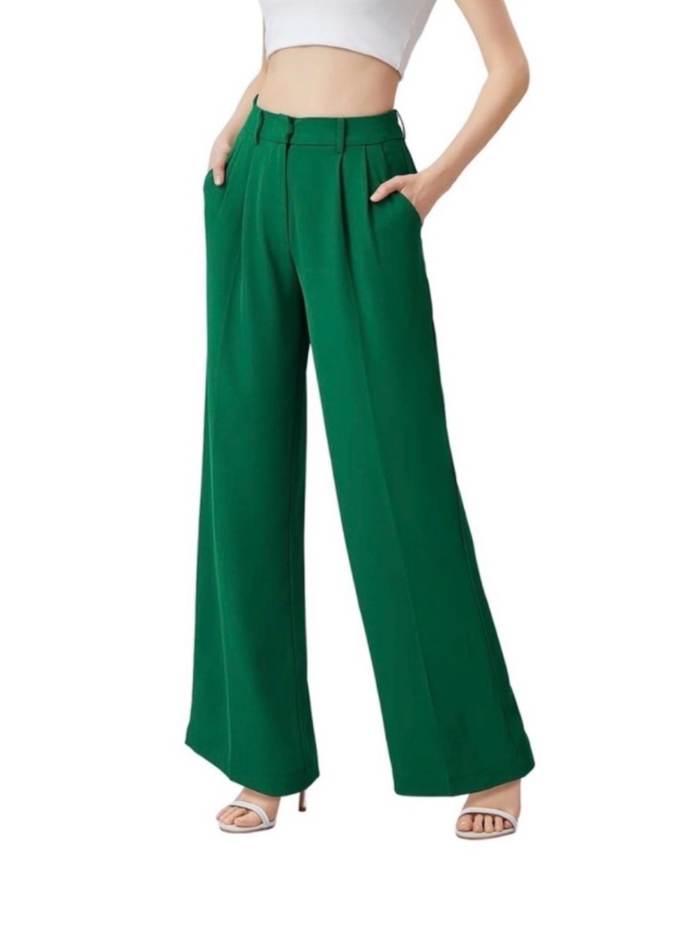 English Factory Wide Leg High-Waist Green Dress Pants